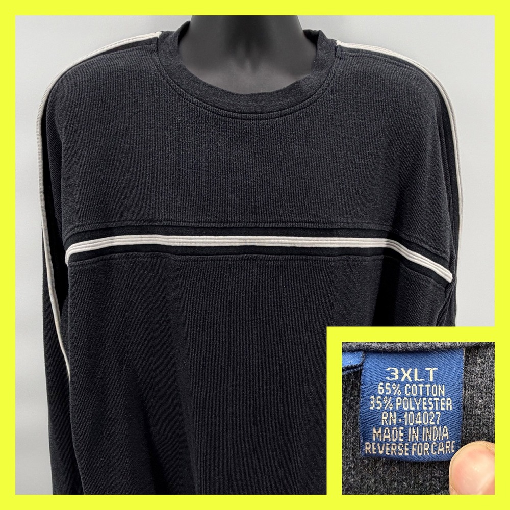 Profile Men's 3XLT Sweatshirt Big & Tall Black‎ Crewneck Striped Cotton Blend